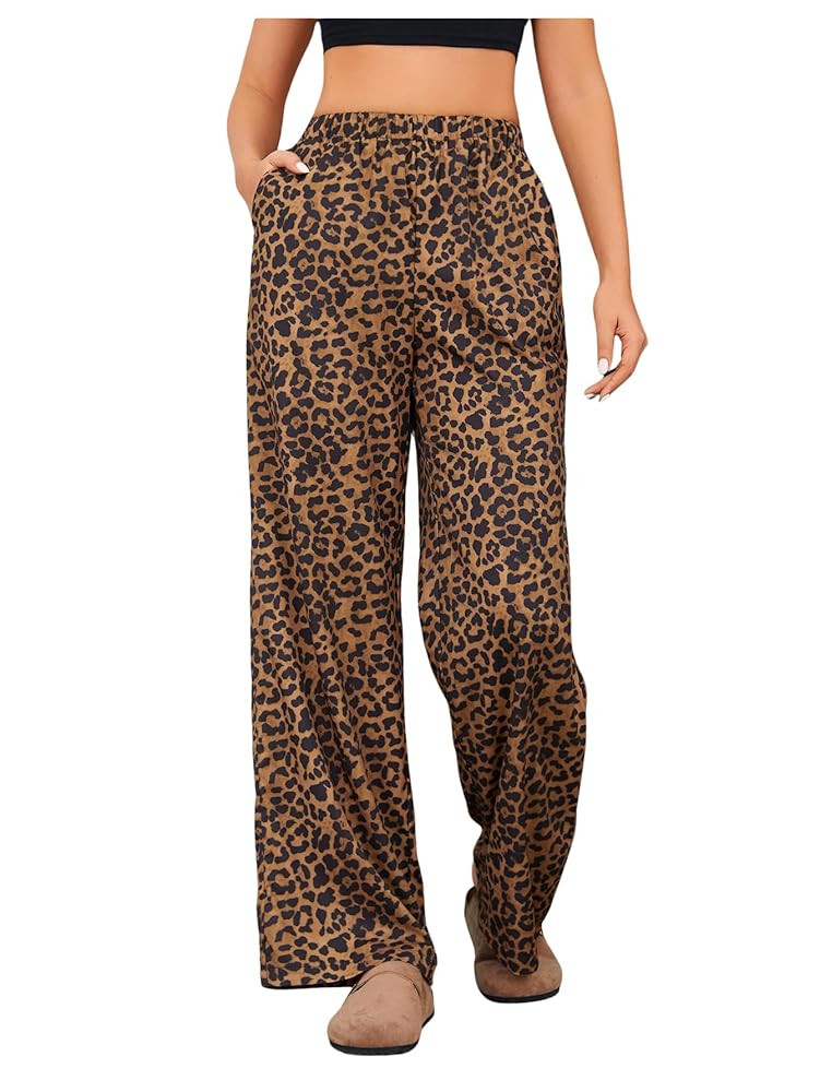 OYOANGLE Women's Leopard Print Elastic High Waist Long Pants Cheetah Printed Wide Leg Loose Trous... | Amazon (US)