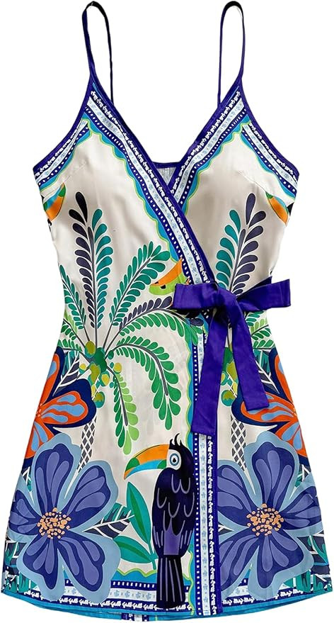 SOLY HUX Women's Tropical Print Mini Dress Summer Wrap V Neck Bow Tie Vacation Dresses | Amazon (US)