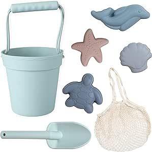 BLUE GINKGO Silicone Beach Toys - Modern Baby | Travel Friendly Set Bucket, Shovel, 4 Sand Molds,... | Amazon (US)