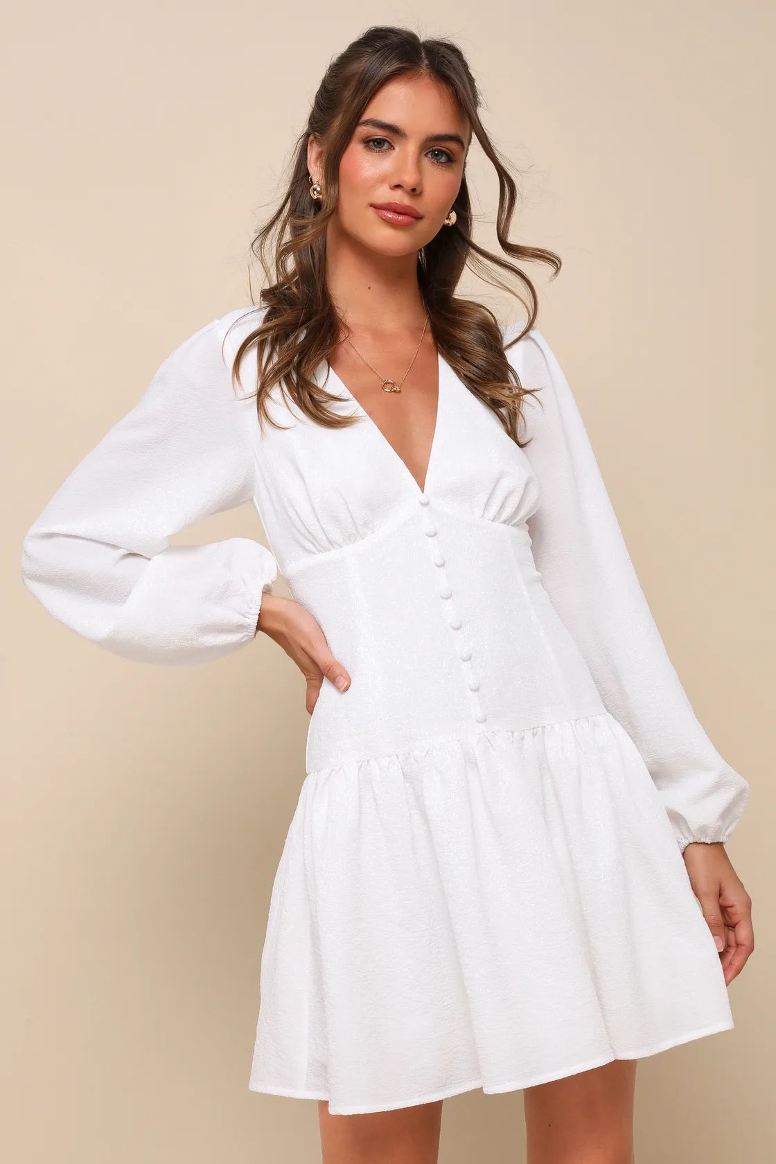 Charming Arrival White Textured Button Front Mini Dress | Lulus