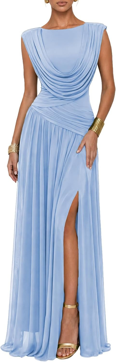 Athena Women's Convertible Cowl Neck Sleeveless Slit Maxi Dress | Front or back styling, waist shaping, soft stretch fabric, and easy movement for bridesmaids, weddings and parties. | Amazon (US)