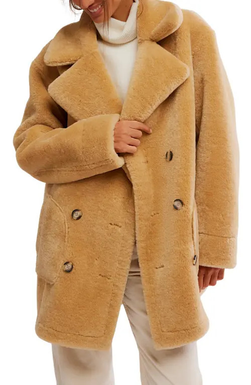 Free People Mari Double Breasted Reversible Faux Shearling Coat in Tan Cream Combo at Nordstrom, Size Large | Nordstrom