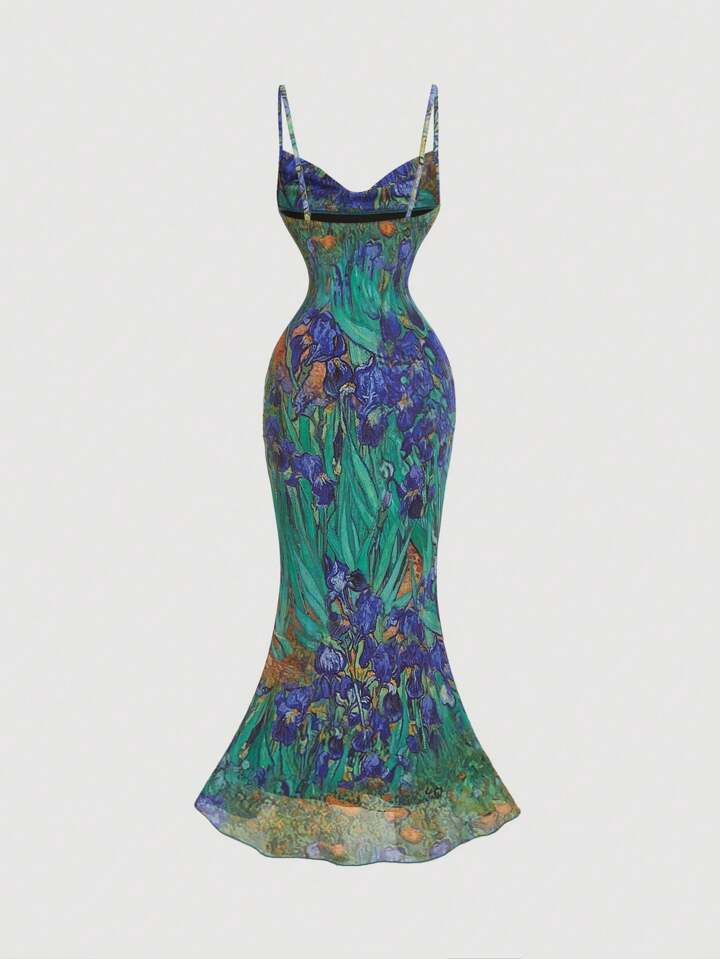 SHEIN MOD Women Plunge Neck Fishtail Dress, Vintage Van Gogh Painting Print Dress,Summer Dresses For Women | SHEIN