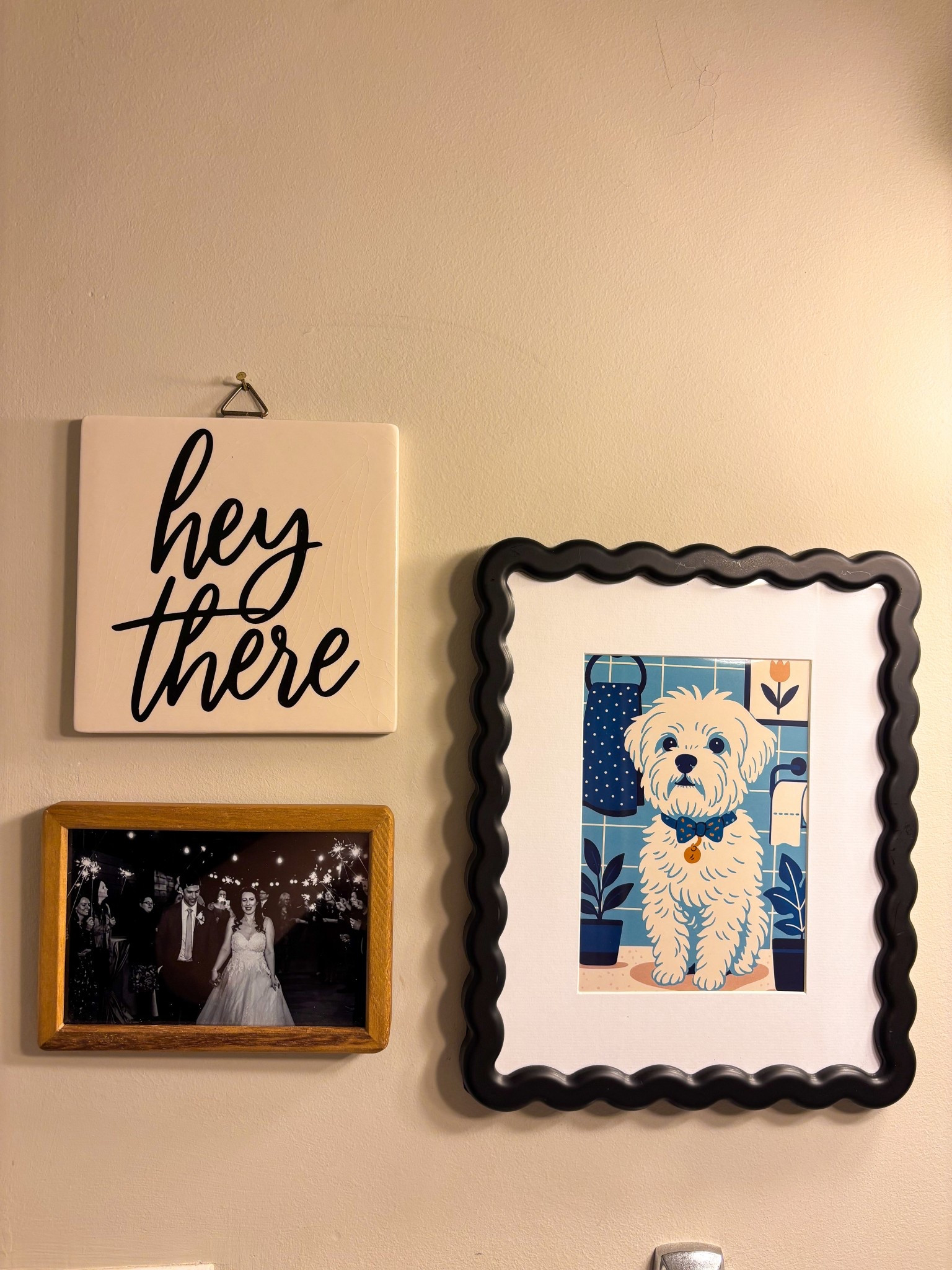 Loving my new gallery wall in our guest bath that my Mom helped me layout today! I used ChatGPT to create the adorable print of my dog & I think it fits the space perfectly.🥰
 •
•
•
#frames #gallerywall #homedecor #interiordesign #chatgpt #maltese #bathroominspo #heythere #targetfinds #targetstyle #targethome #affordabledecor #photos #matting #framedprints #cvsphoto #friyay #homesweethome 

#LTKHome #LTKStyleTip #LTKFamily