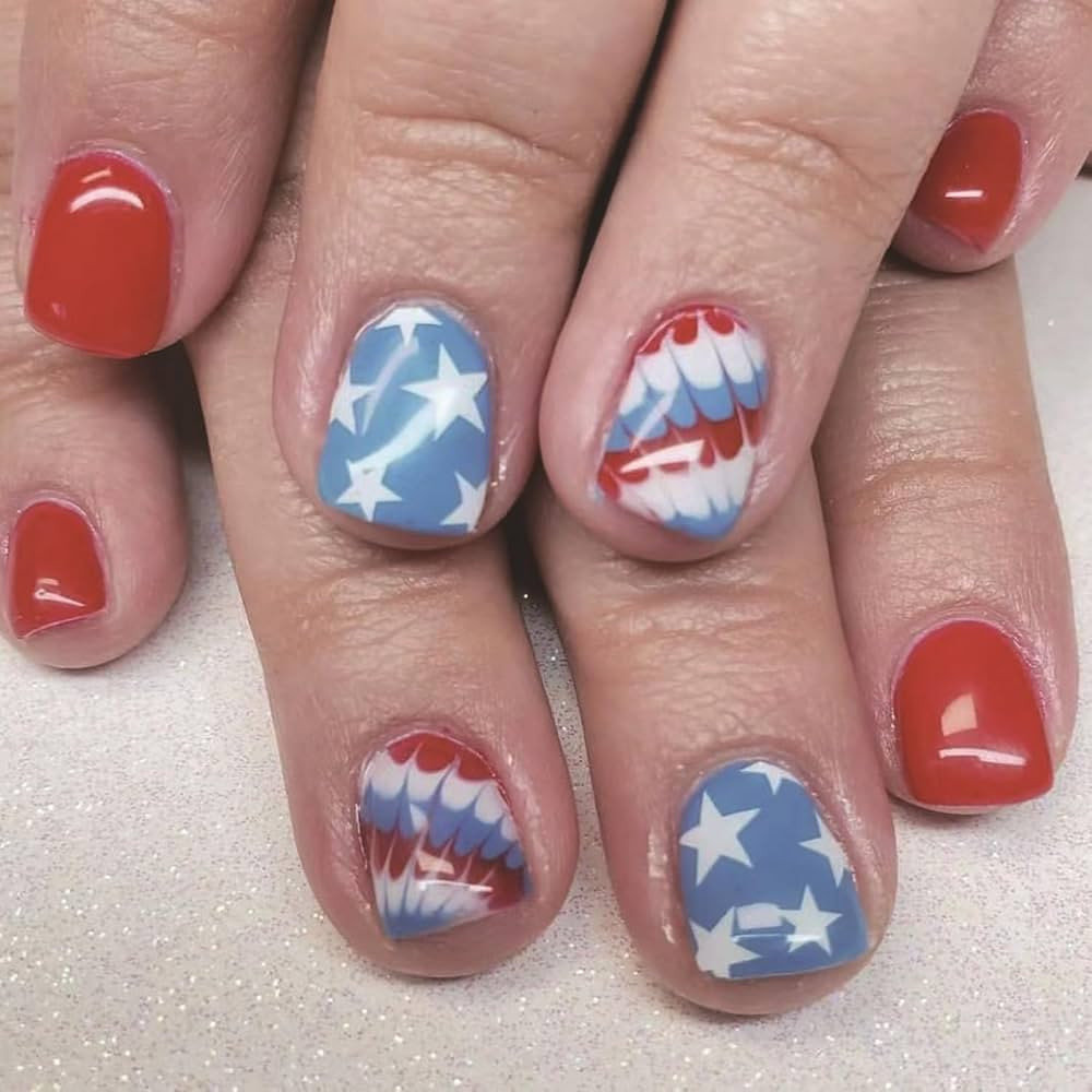 4th of July Square Press on Nails Independence Day Fake Nails with Star Designs Extra Short False... | Amazon (US)