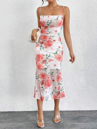 SHEIN Privé Patchwork Sheer Mesh Floral Print Dress With Fishtail Hem And Spaghetti Straps | SHEIN