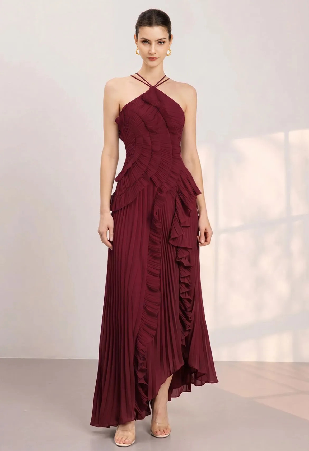 Asymmetrical Ruffle Halter Tie-Neck Pleated Maxi Dress in Red for Anniversary Dinner & Art Openin... | Chicwish
