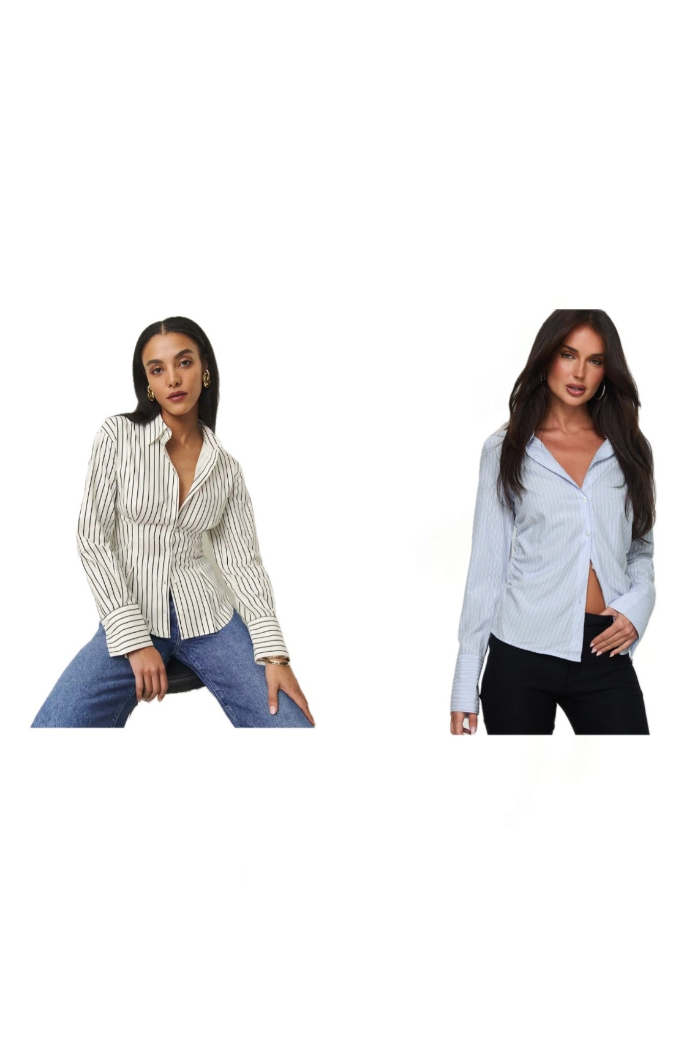 Left: Reformation Becker Shirt
Right: Princess Polly Rush Hour Long Sleeve Top Blue Stripe