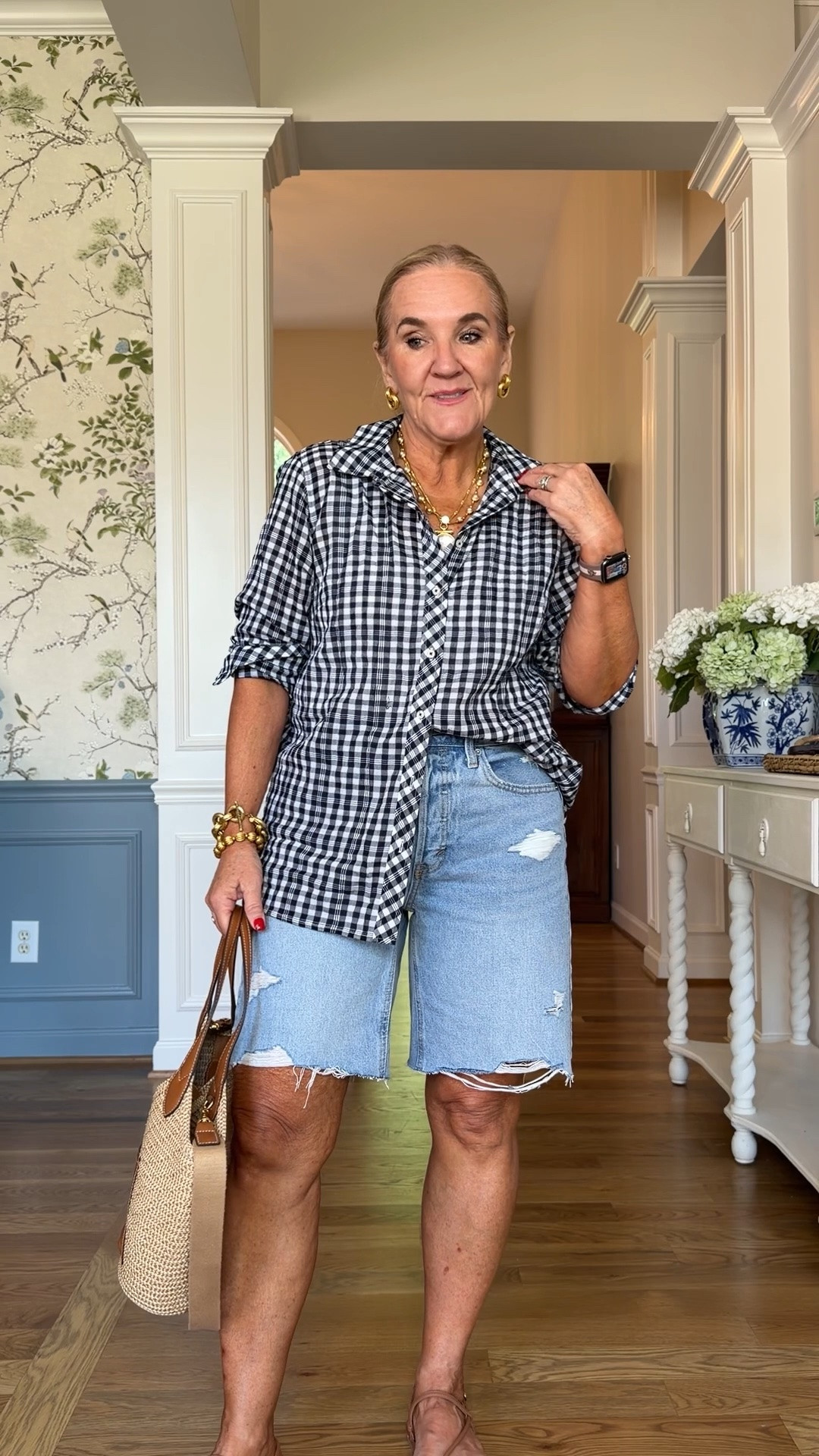 Love this gingham blouse very lightweight. Size medium. 
Denim shorts size 8 no stretch but they have relaxed as one with them. I’ll link the Walmart ones too. 
Julie Vos sample sale pieces

#LTKootd #LTKOver40 #LTKmomlife