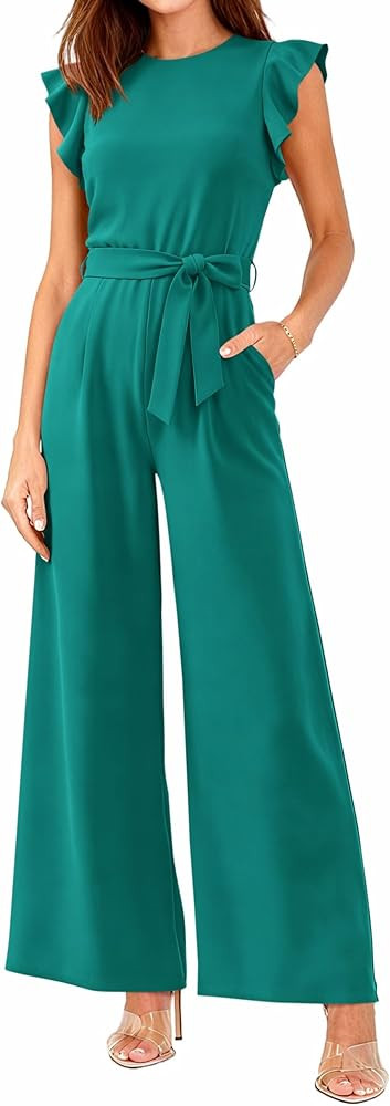 BTFBM Jumpsuits For Women 2026 Crew Neck Dressy Cap Sleeve Belted High Waist Wide Leg Romper One ... | Amazon (US)