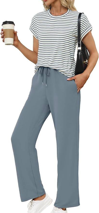 Glamaker Women's 2 Piece Sets Striped Summer Outfits Short Sleeve Shirts Wide Leg Pants Casual Lo... | Amazon (US)
