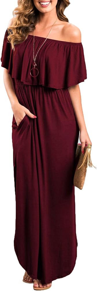 Sarin Mathews Womens Off The Shoulder Ruffle Party Dress Casual Side Split Beach Long Maxi Dresses w | Amazon (US)