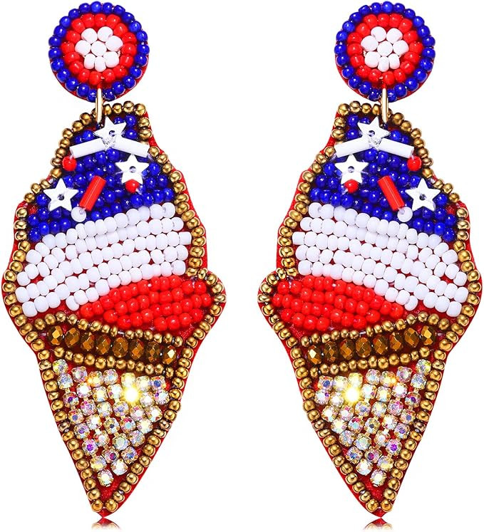 American Flag Earrings Beaded Ice-cream Heart Star Drop Dangle Earrings for Women Handmade 4th of... | Amazon (US)