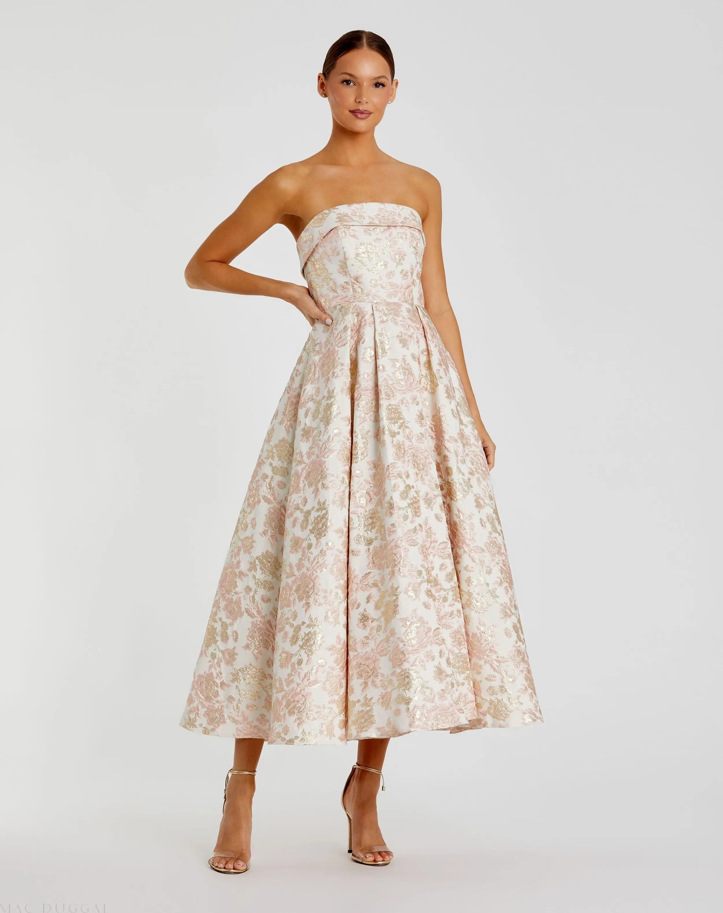 Pink and White Strapless Floral Brocade A Line Midi Dress | Mac Duggal | Mac Duggal