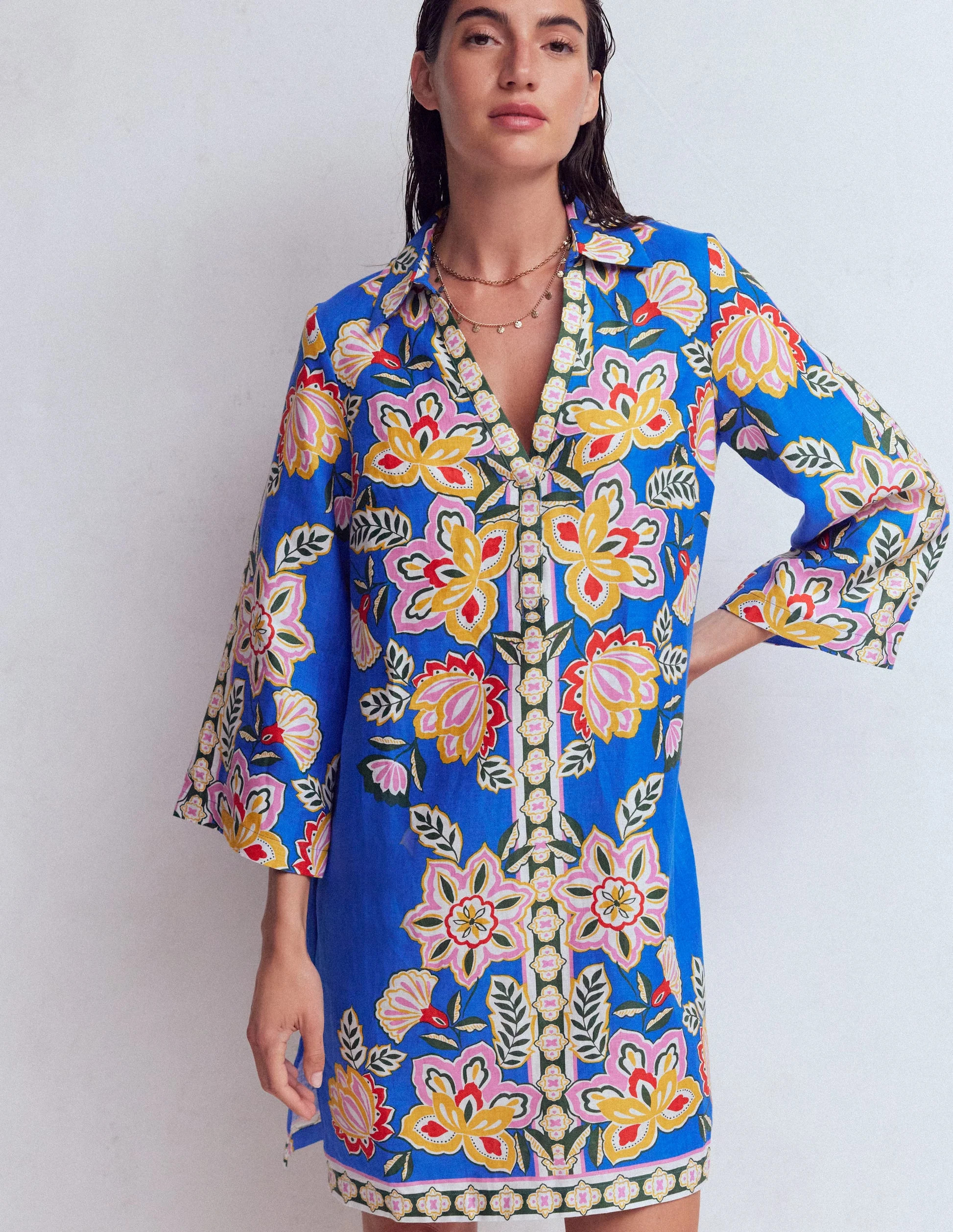 Carmen Linen Short Dress-Blue Blossom Elegance | Boden (US)