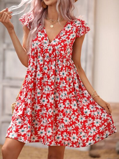 Floral Print Butterfly Sleeve Smock Dress | SHEIN