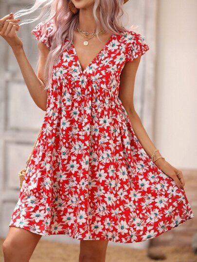 Floral Print Butterfly Sleeve Smock Dress | SHEIN