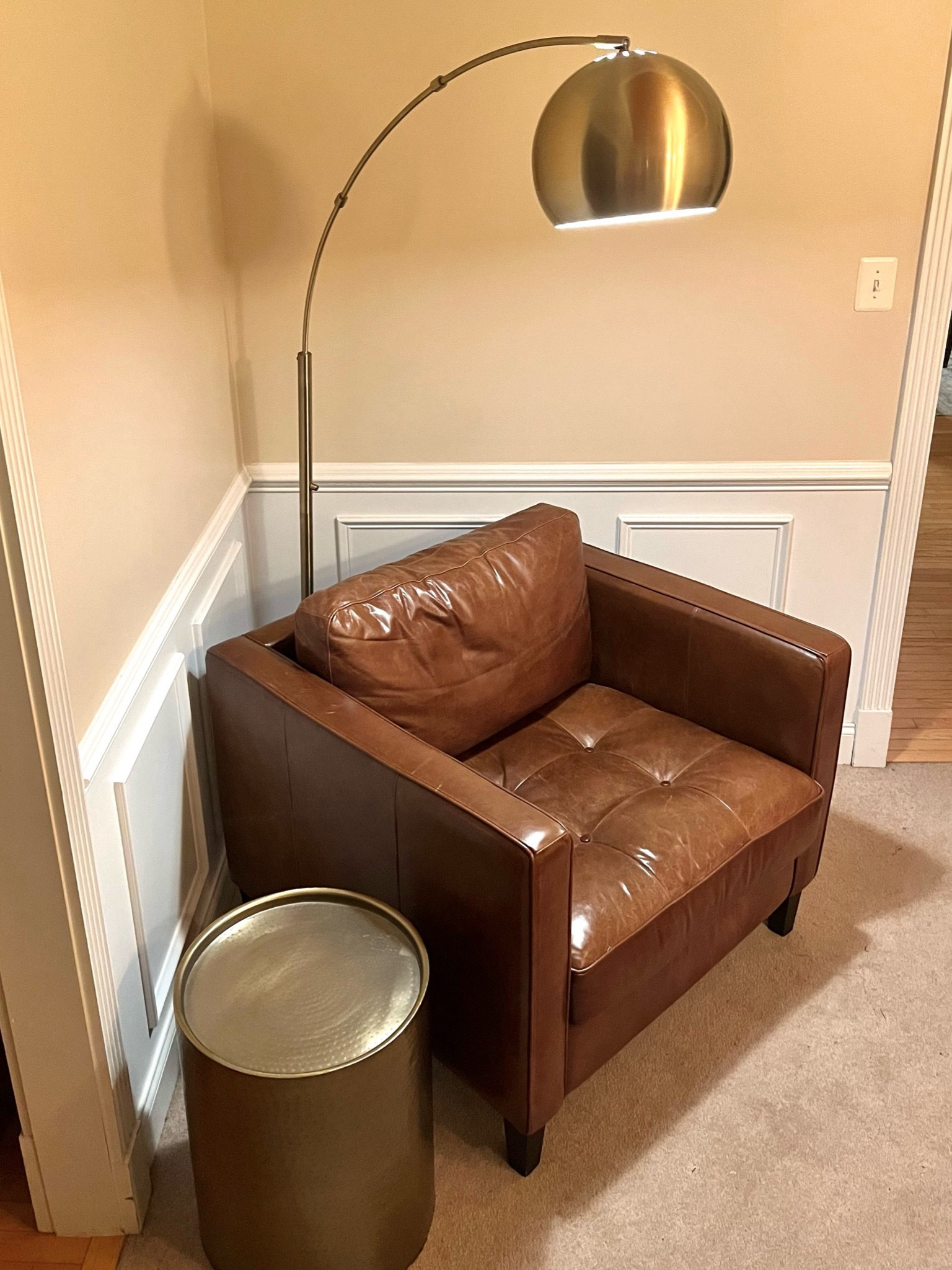 With my new arc lamp, I have the best reading nook 😍 my brown leather chair is no longer produced, but this brass lamp and brass table are! 

Living room decor, floor lamp, coffee table, hammered metal, leather, living room, home

#LTKCyberWeek 

#LTKhome #LTKSeasonal