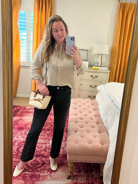 Ashley Butterfield of SideSmile Style wears a striped button down shirt with black ankle flare jeans and a raffia longchamp crossbody purse. 

#LTKmidsize #LTKitbag #LTKstyletip