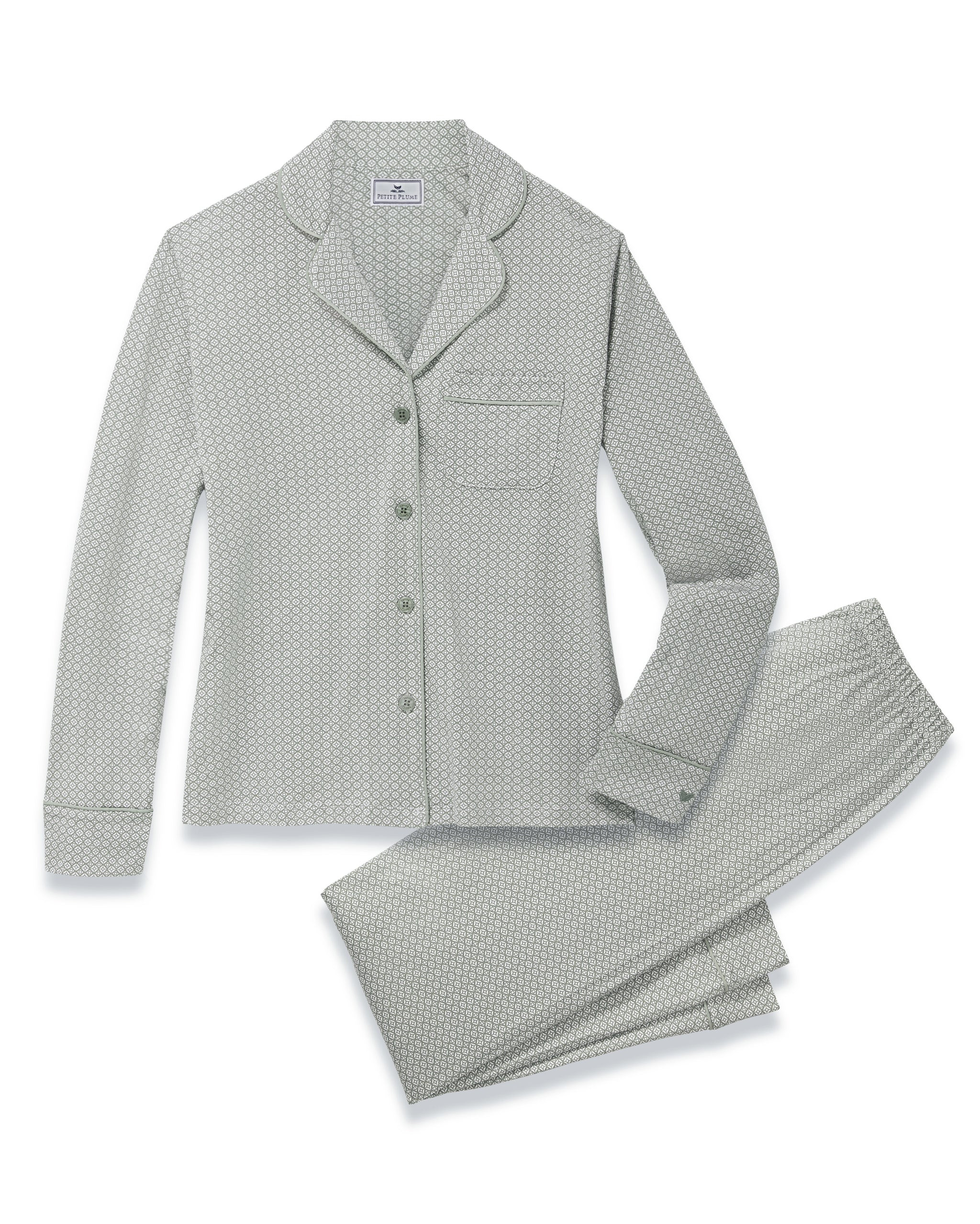 Women's Lightweight Pima Pajama Set in Sage Geo | Petite Plume