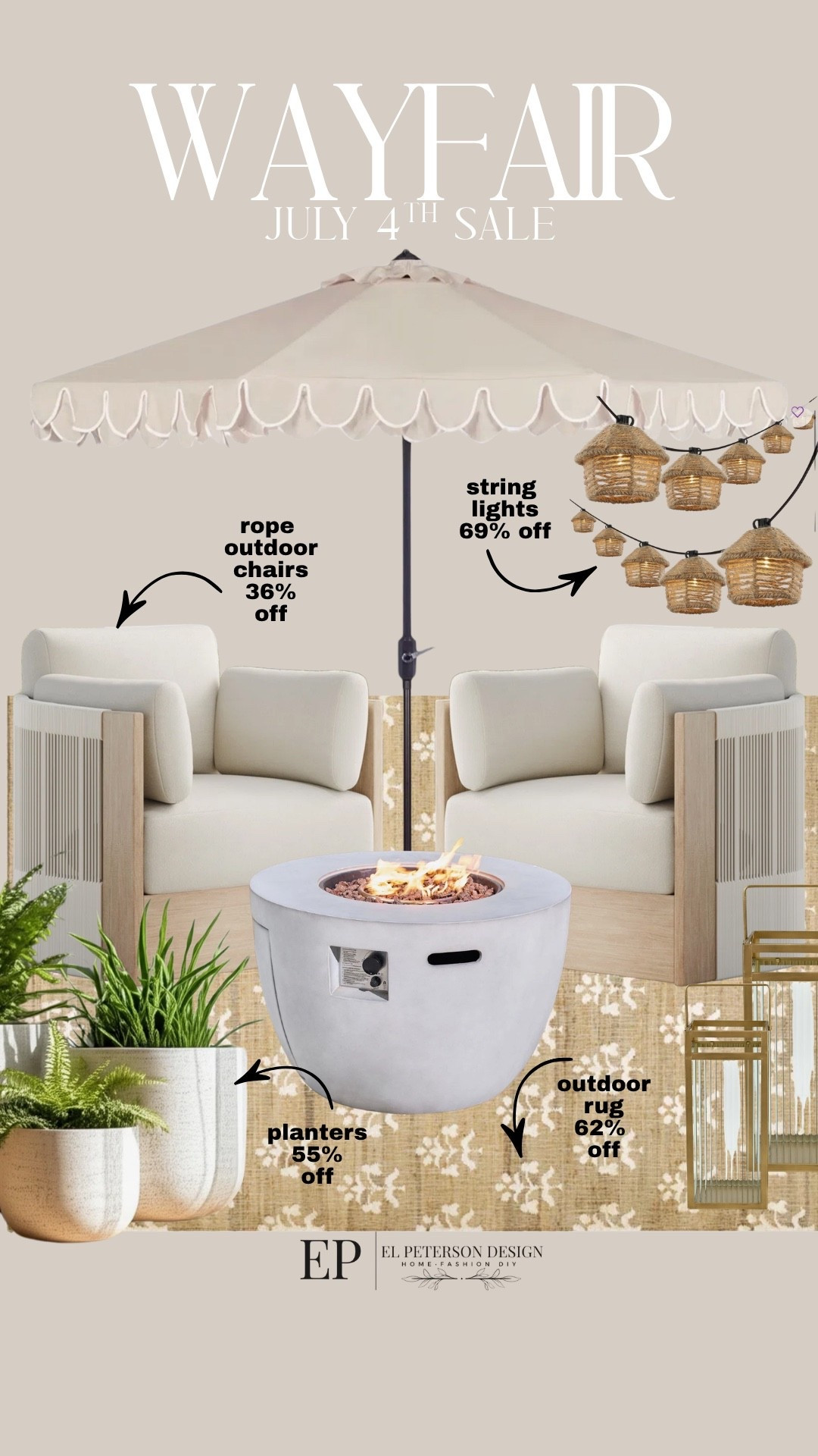 Wayfair
July 4th sale 
Outdoor chairs
Rugs
Fire pit
Planters
Outdoor umbrella
Floor lantern
Outdoor string lights

#LTKSaleAlert #LTKHome