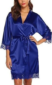 URRU Women's Satin Silk Bathrobe Oblique V-Neck Short Kimono Robe Bridesmaids Robe S-XXXL | Amazon (US)