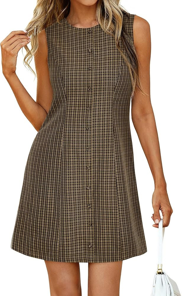 BTFBM Summer Dresses for Women 2026 Plaid Sleeveless Zip Up A Line Mini Dress Business Casual Vac... | Amazon (US)
