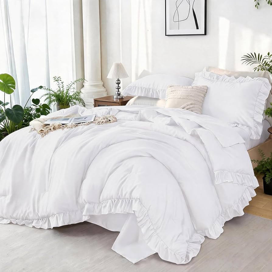 ZRNBAST White Ruffle Bedding Set Full, 5-Piece Bed in a Bag Shabby Chic Comforter Set for All Sea... | Amazon (US)