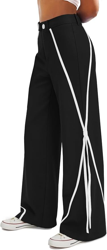 Fisoew Womens Casual Wide Leg Pants Straight Leg Trousers Splicing Line High Waisted Side Striped... | Amazon (US)