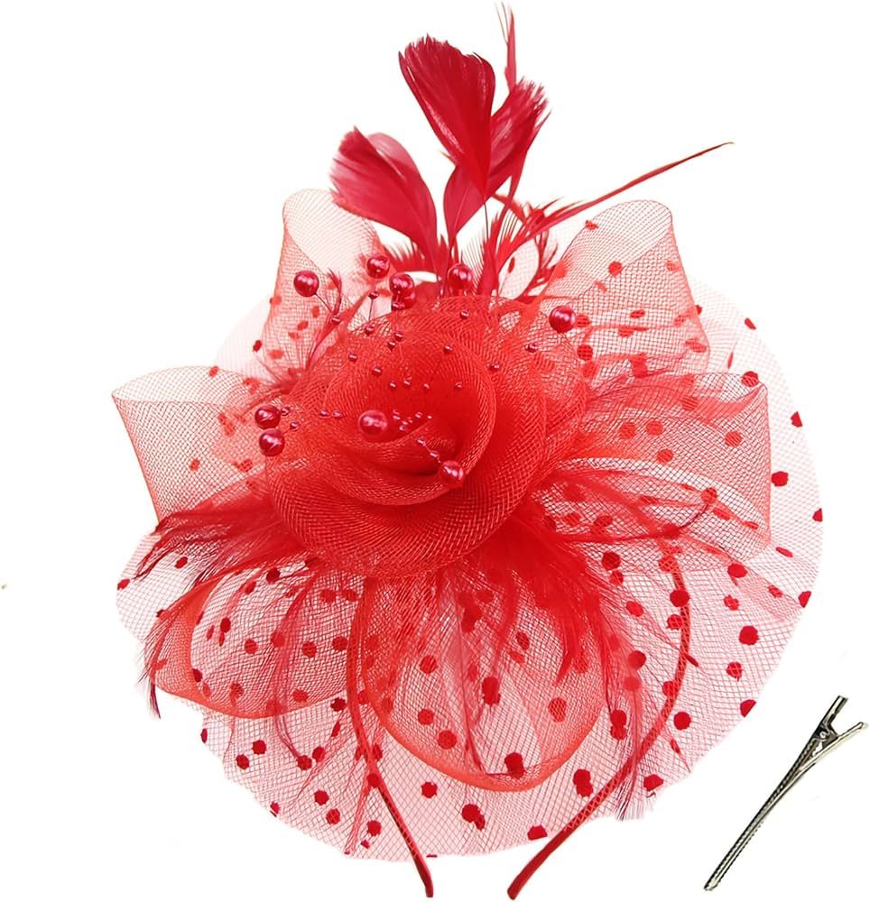 Durzasvo Women's Fascinators Tea Party Wedding Derby Mesh Flower Pearl Feather Fascinator Hat wit... | Amazon (US)