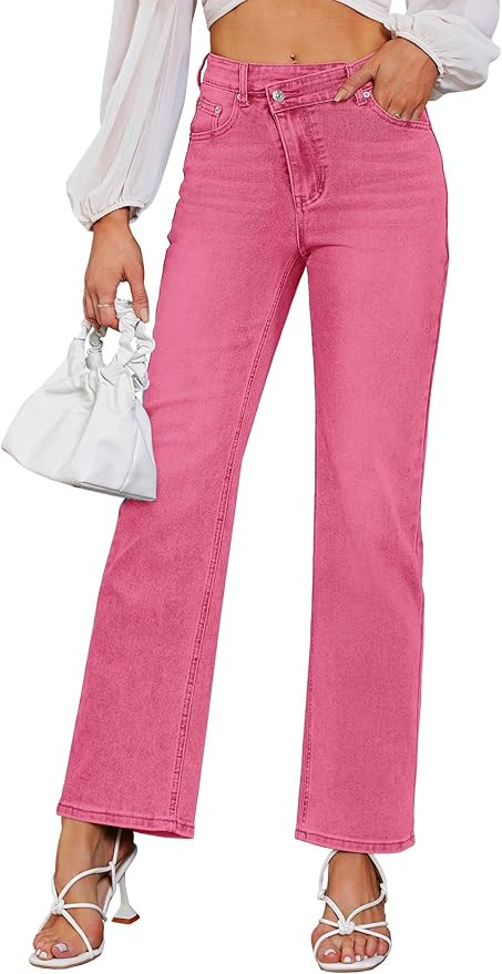 Genleck Women's Blue High Waisted Crossover Jeans - Wide Leg, Stretchable, Casual Denim Pants | Amazon (US)