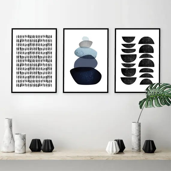 Set of 3 downloadable minimalist black white navy blue wall art Printable Scandinavian modern dec... | Etsy (US)