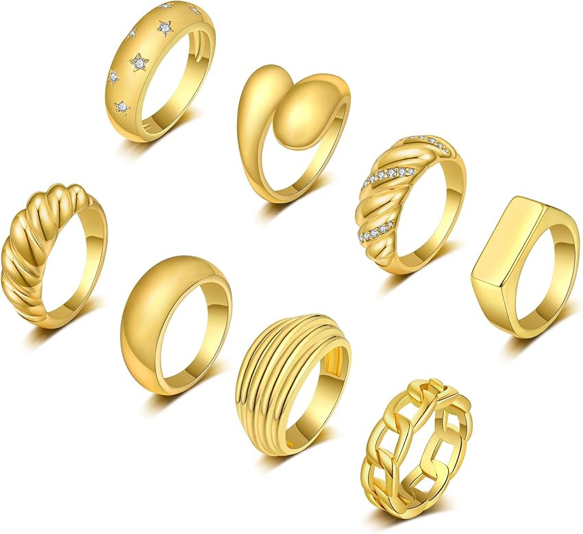 ZNBOH 8PCS Thick Dome Chunky Rings for Women 18K Gold Plated Braided Twisted Signet Ring Chunky G... | Amazon (US)