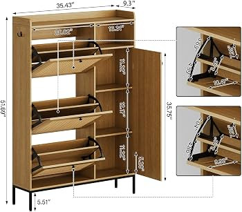 Shoe Cabinet with 3 Flip Drawers, Rattan Freestanding Organizer with Adjustable Shelves, Metal Kn... | Amazon (CA)