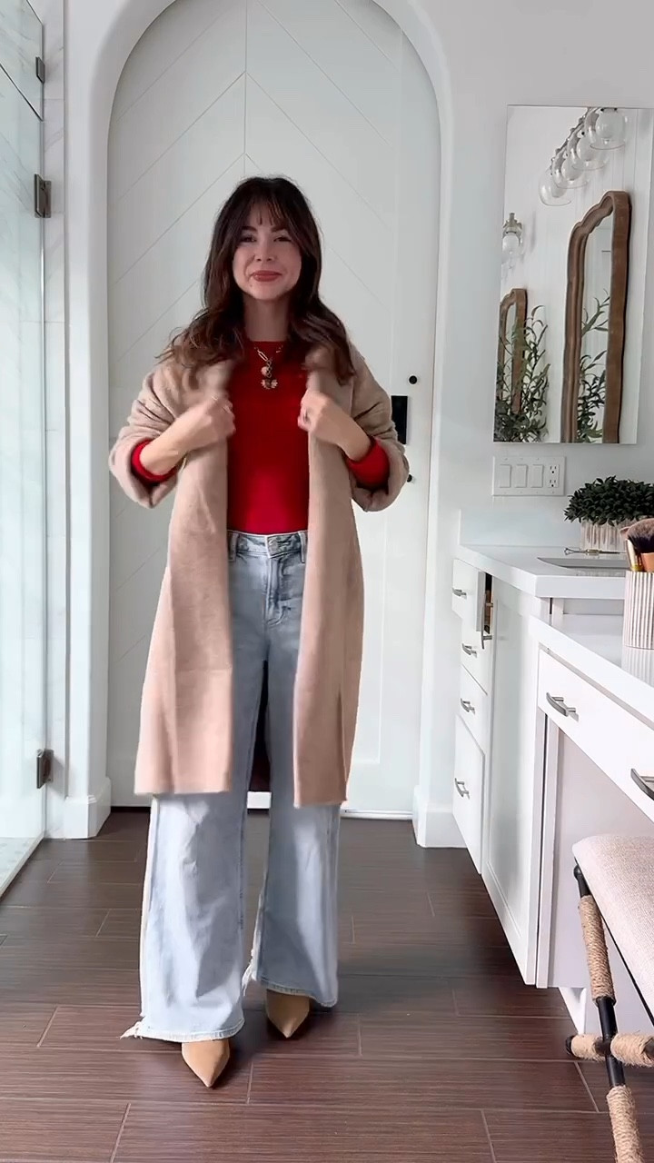 Styling a red sweater the easy way — paired with soft denim, a long camel coat, and pointed boots for that “effortless but polished” feel. Every piece fits just right for 5’2” petites and layers beautifully for cold days.

Red sweater XS 
Jeans 00short 

#LTKHoliday #LTKSeasonal #LTKPetite