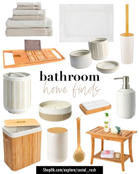 Bathroom finds, bathroom decor, neutral bathroom finds, bamboo bathroom try, bamboo bathroom bench, white bath mat, bamboo hamper, laundry hamper, tub tray, neutral towels, Walmart finds, Walmart home

#LTKhome #LTKunder100 #LTKSeasonal