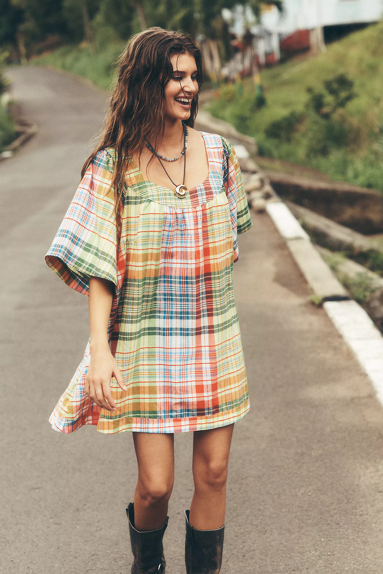 Pilcro Denim Square-Neck Mini Swing Dress | Anthropologie (US)