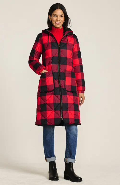 Lands' End FeatherFree Insulated Diamond Quilted Maxi Coat in Compass Red Check at Nordstrom, Size Medium | Nordstrom