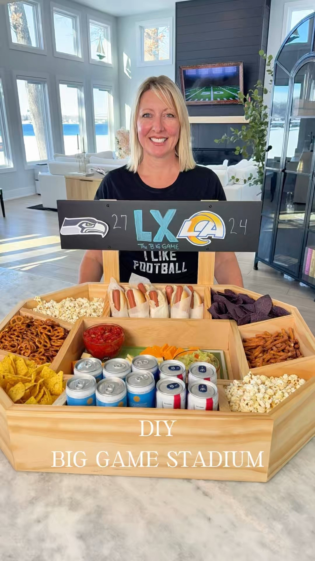 DIY SNACK STADIUM 🏟️ | The Ultimate Big Game Build

Game day hosting just leveled UP. This DIY Snack Stadium is the ultimate centerpiece for the Big Game—perfect for chips, dips, wings, drinks, and all the snacks your crowd expects. It looks impressive, but it’s totally doable with basic tools and a little patience. Let’s build it. 👇

⸻

🛠️ Materials List
	•	(1) 2’ x 4’ sheet of ¼” sanded plywood
	•	(2) 8’ 1x6 clear pine boards
	•	(1) 3’ 1x2 board
	•	(1) 24” x 6” chalkboard
	•	Wood glue
	•	Brad nailer

⸻

🔺 1x6 Octagon Surround
	•	All cuts are 22.5° miter cuts
	•	Measurements are long-to-long (measure from long point to long point)

Cut:
	•	(2) pieces at 18.5”
	•	(2) pieces at 12”
	•	(4) pieces at 8 5/8”

👉 Glue and nail the mitered ends together to form the octagon.

⸻

▭ 1x4 Rectangular Center

Cut:
	•	(2) pieces at 12”
	•	(2) pieces at 16.5”

👉 Glue and nail together to create the rectangular center section.

⸻

🪚 Assembly
	1.	Place the assembled octagon on the plywood, trace it, and cut it out.
	2.	Glue and nail the plywood base to the bottom of the octagon.
	3.	Center the rectangular piece inside the octagon, then glue and nail it in place.

⸻

➗ Dividers
	•	Use leftover 1x6 boards
	•	Space them out however you like to create snack sections
	•	Cut to size, use a straight edge to mark the angle, then attach to the inner and outer walls with glue and nails

⸻

📋 Scoreboard
	•	Cut the 1x2 in half to create two vertical posts
	•	Attach the 24” x 6” chalkboard
	•	Center it on the outside of the octagon and screw it into place

⸻

🏈 Final Touch

These measurements allow room for a field-style cutting board in the center. Add your food, drinks, and team spirit—and you’re game-day ready.

Now tell me… who’s making it to the Big Game?
These two teams have the best records (but can’t play each other 👀).
My bold prediction: Seahawks vs. Bills in Super Bowl LX. 🏆

Save this for game day hosting & tag me if you build one!

#LTKdayinmylife #LTKfoodie #LTKHome