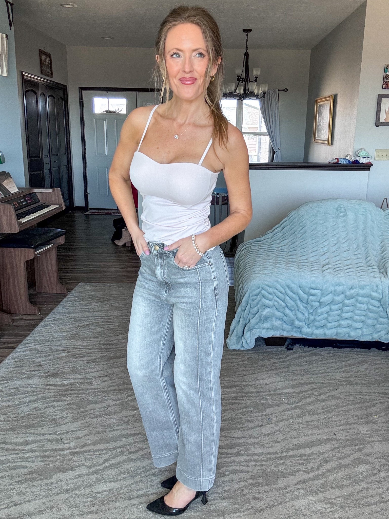Love a good basic and this new arrival tank with a built in bra and removable straps is so good! 💕 Wearing a small. Also seamless and double lined! And these new grey straight leg cropped jeans are both comfy and cute!

As an Amazon Influencer I earn commission on qualifying purchases.

Built in bra top, new arrivals, grey straight leg cropped denim, pink tank top, spring fashion 2026, mom style 

#LTKMidsize #LTKOver40 #LTKootd