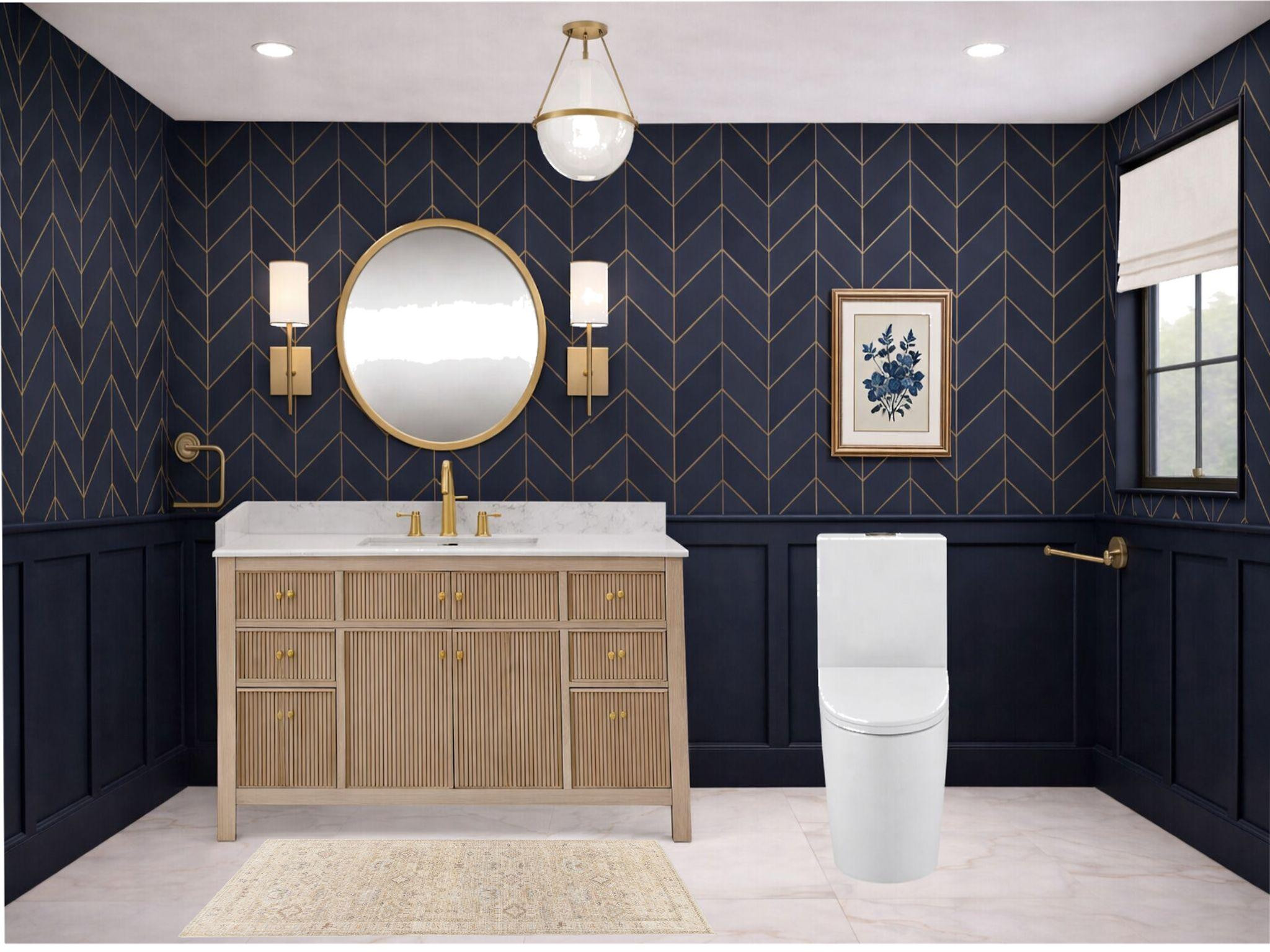 Okay this powder bath is SUCH a moment. The navy wallpaper + brass + light wood combo feels so classic but still fresh. 

 #LTKHome