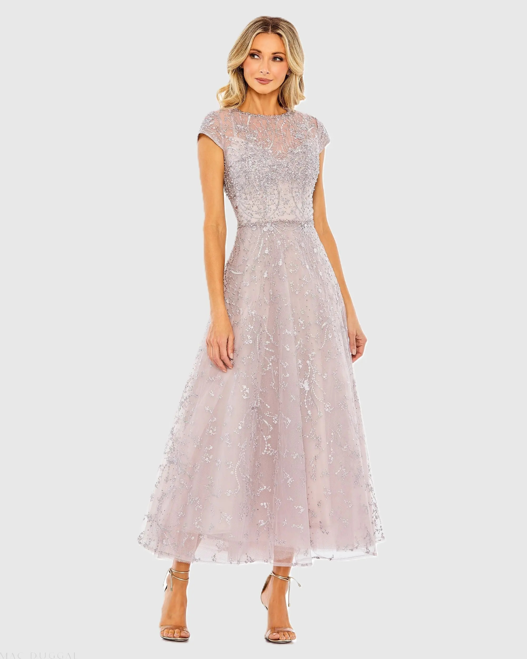 Purple Embellished High Neck Cap Sleeve A Line Dress | Mac Duggal