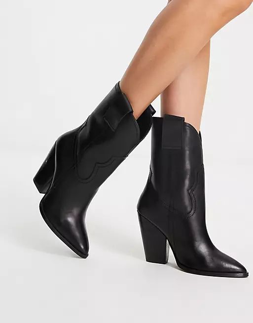 ASOS DESIGN Ranch leather mid-calf heeled western boots in black | ASOS (Global)