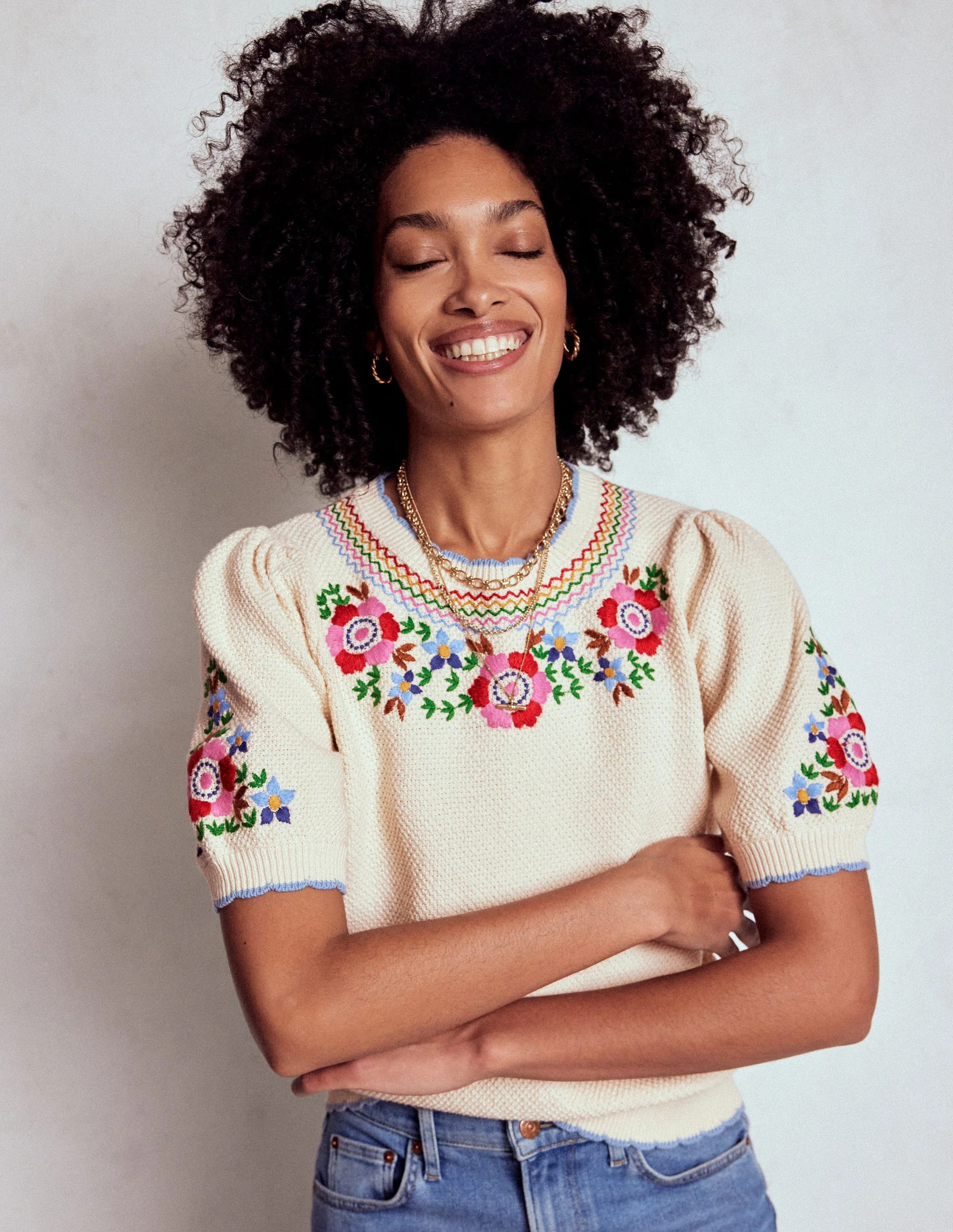 Puff Sleeve Embroidery T-shirt-Warm Ivory | Boden UK