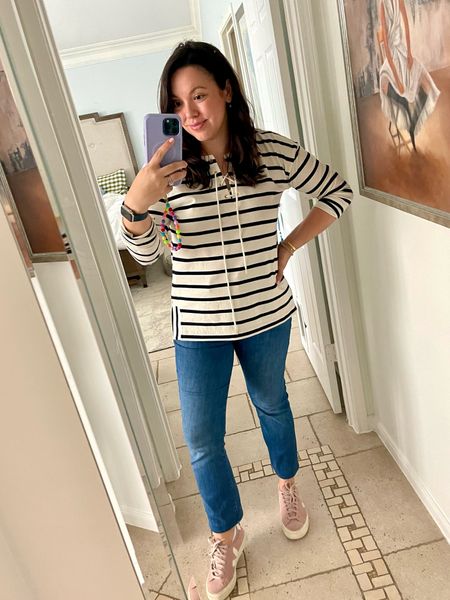 Striped long-sleeve shirt, preppy stripe shirt, wearing a small paired with Mother denim - Mother the Hustler Ankle Jean true to size 
Veja Campo sneaker 
Mom uniform, mom style, mom on the go 



#LTKshoecrush #LTKSeasonal