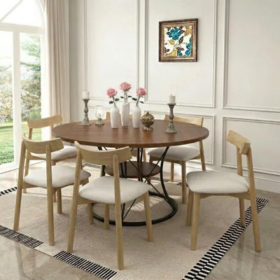 7-Piece Mid-Century Modern Round Wood Dining Set with Storage Shelf and Wood Chairs | Wayfair North America