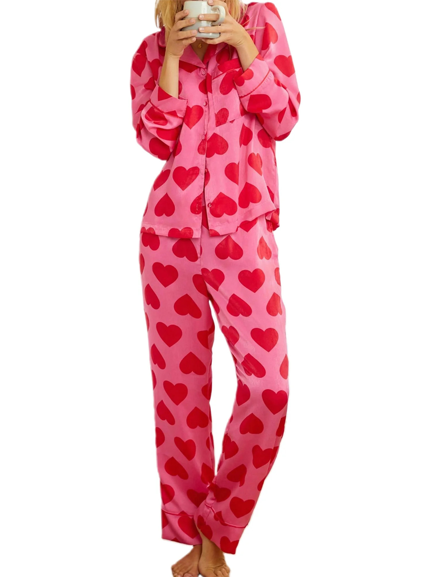 Women’s 2 Piece Valentine's Day Pajama Set Casual Long Sleeve Heart Print Shirt and Comfy PJ Pa... | Walmart (US)