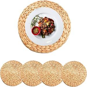 Daonear Handmade 15" inch x 4pcs Water Hyacinth Woven Placemats Round Braided Rattan Tablemats | Amazon (US)