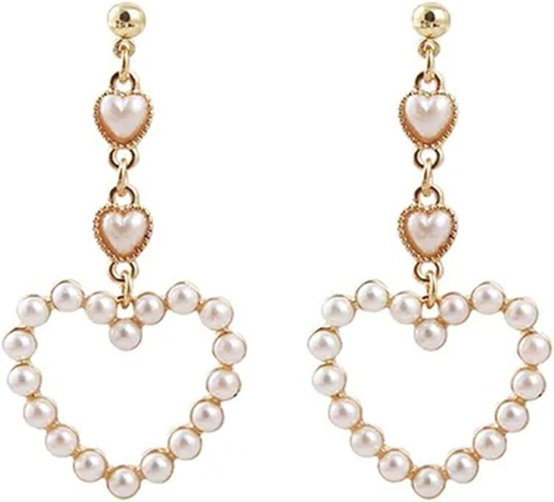 Elegant Aesthetic Dainty Pearl Sweet Heart Shape Drop Dangle Earrings Bridal Wedding Birthday Par... | Amazon (US)