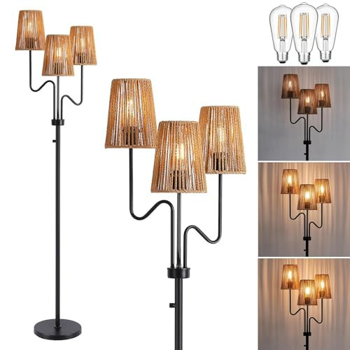 9MMML Farmhouse Boho Dimmable Floor Lamp with Rattan Shade, 68'' Tall Floor Standing Lamp, 3-Light Floor Lamp for Living Room, Bedroom, Office, Corner, 3 x E26 LED Bulb Included | Amazon (US)